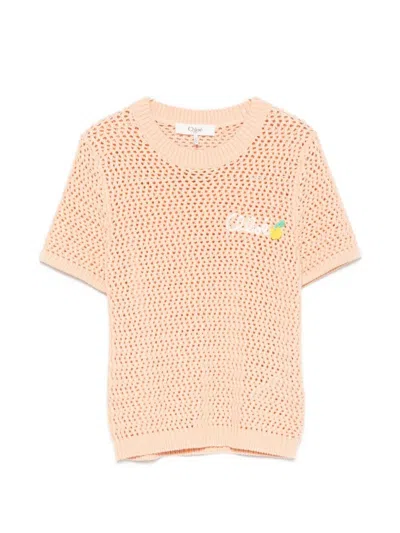 Chloé Chloe Logo-intarsia Open-knit Cotton T-shirt In Neutral