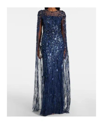 Jenny Packham Ruby Sequined Caped Gown In Blue