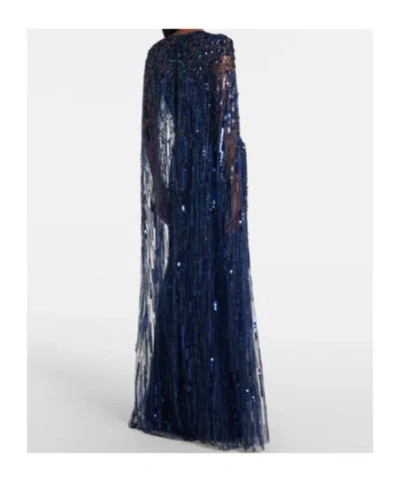 Jenny Packham Ruby Sequined Caped Gown In Blue