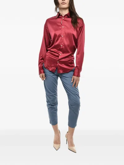Dsquared2 Satin Long Sleeved Shirt With Rhinestoned Logo In Red