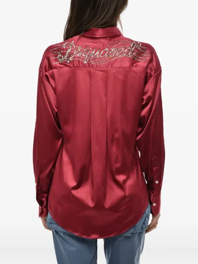 Dsquared2 Satin Long Sleeved Shirt With Rhinestoned Logo In Red