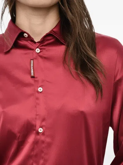 Dsquared2 Satin Long Sleeved Shirt With Rhinestoned Logo In Red