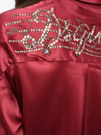 Dsquared2 Satin Long Sleeved Shirt With Rhinestoned Logo In Red