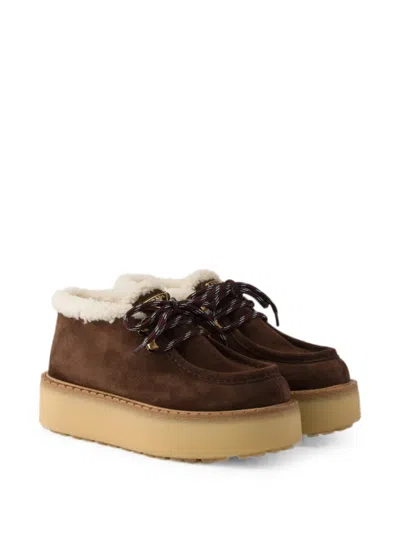 Prada Shearling Lined Suede Booties In Brown
