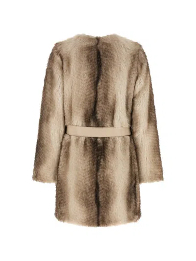 Twinset Long-sleeved Faux Fur Coat With A Tie-waist In Brown