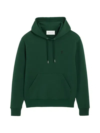 Ami Alexandre Mattiussi Deep Green Pullover Hoodie With Adjustable Drawstring In Green