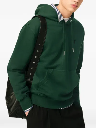 Ami Alexandre Mattiussi Deep Green Pullover Hoodie With Adjustable Drawstring In Green