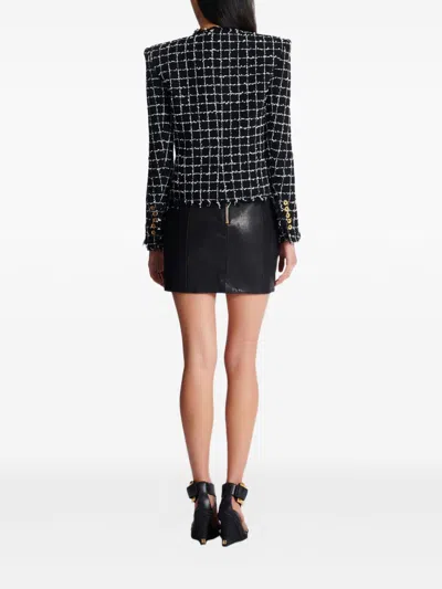 Balmain Black Checks Round Neck Blazer In Black