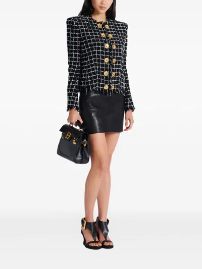 Balmain Black Checks Round Neck Blazer In Black