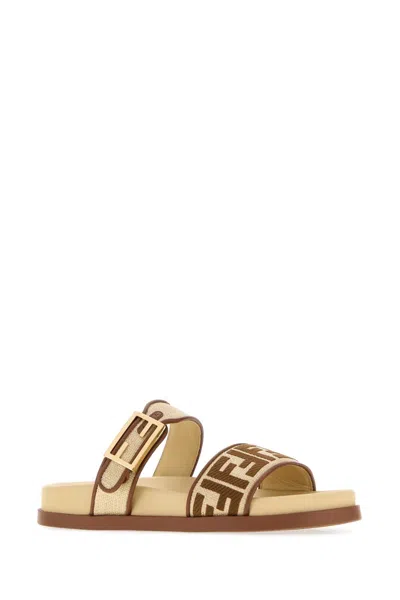 Fendi Feel Beige Raffia-effect Material Slides In Multi