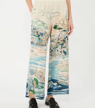 Weekend Max Mara Silk Printed Ankle Trousers In Turquoise
