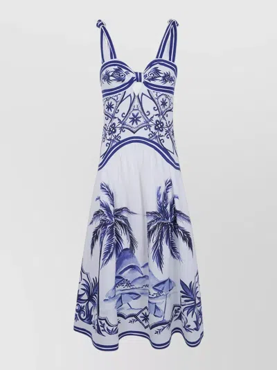 Farm Rio Fitted Linen Long Dress With Wonderful City Print And Striped Shoulder Straps In White