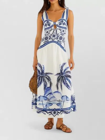 Farm Rio Fitted Linen Long Dress With Wonderful City Print And Striped Shoulder Straps In White