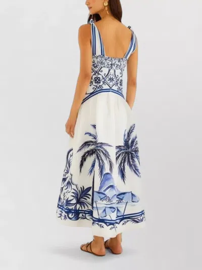 Farm Rio Fitted Linen Long Dress With Wonderful City Print And Striped Shoulder Straps In White