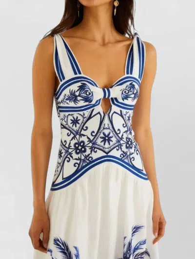 Farm Rio Fitted Linen Long Dress With Wonderful City Print And Striped Shoulder Straps In White