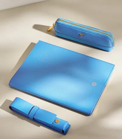 Harrods Leather Refillable Sleeve And Notepad In Blue