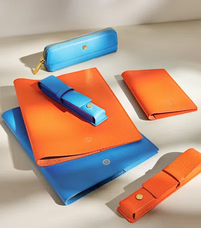 Harrods Leather Refillable Sleeve And Notepad In Blue