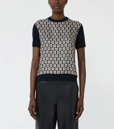 Max Mara Wool-silk Geometric T-shirt In Navy