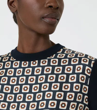 Max Mara Wool-silk Geometric T-shirt In Navy