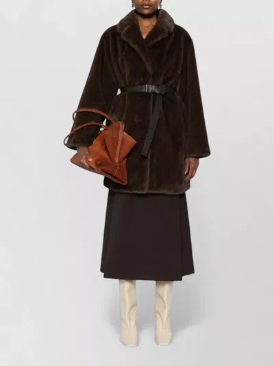 P.a.r.o.s.h Belted Waist Faux Fur Mid Length Coat In Brown
