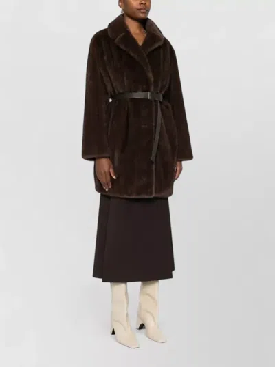 P.a.r.o.s.h Belted Waist Faux Fur Mid Length Coat In Brown