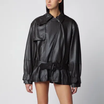 Rotate Birger Christensen Rotate Birgerchristensen Biker Jacket In Lamb Leather In Dark Brown In Black