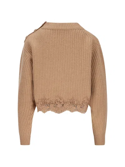Chloé Pullover Corto Con Collo A Lupetto In Maglia Di Lana E Cashmere Con Pizzo In Brown
