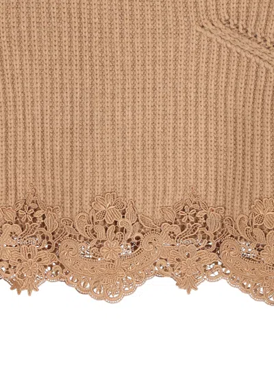 Chloé Pullover Corto Con Collo A Lupetto In Maglia Di Lana E Cashmere Con Pizzo In Brown