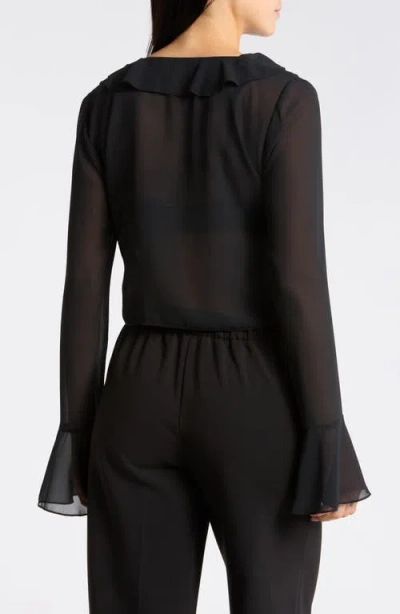 Leith Ruffle Tie Front Chiffon Top In Black
