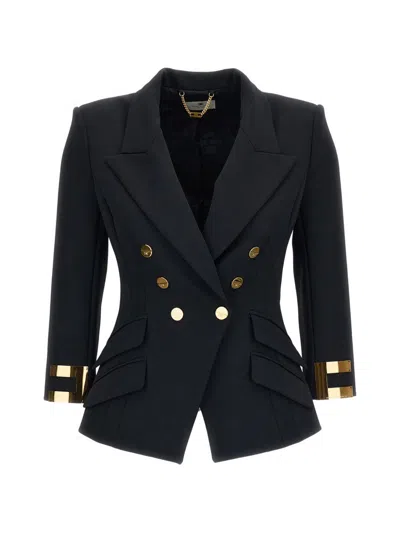 Elisabetta Franchi Jacket Decorative Sleeves Front Flap Pockets Structured Shoulders In Blue