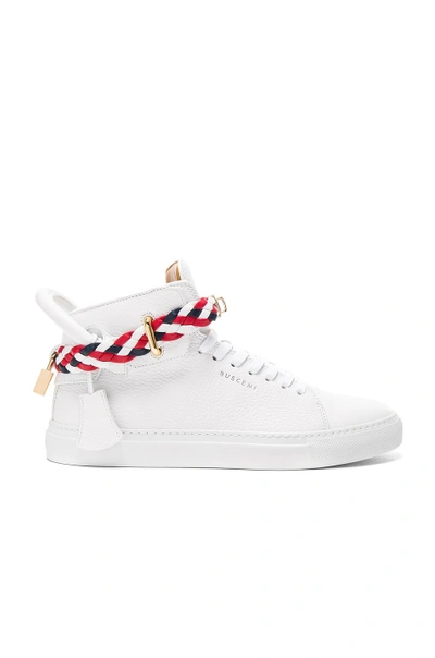 Shop Buscemi 100mm High Top Belt Weave Pebbled Leather Sneakers In White & Multi