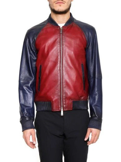 Shop Dsquared2 Leather Jacket In Mix Colour Red/blu|blu