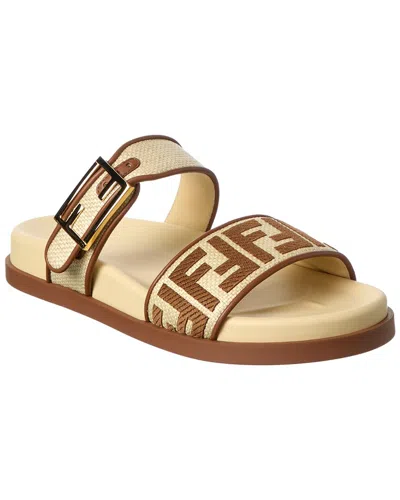 Fendi Feel Beige Raffia-effect Material Slides In Brown