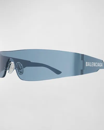 Balenciaga Mirrored Rimless Wrap Sunglasses In Solid Marine