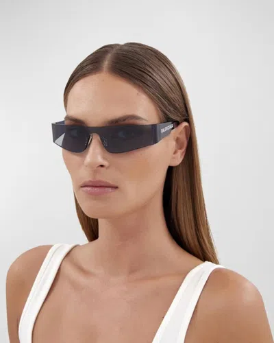 Balenciaga Mirrored Rimless Wrap Sunglasses In Solid Marine