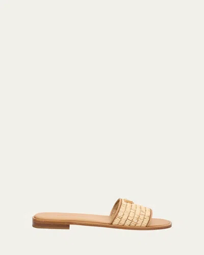 Prada Triangle Logo Raffia Flat Slide Sandals In Multi