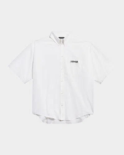 Balenciaga Short Sleeve Silk Blend Button Down Shirt In Bianco