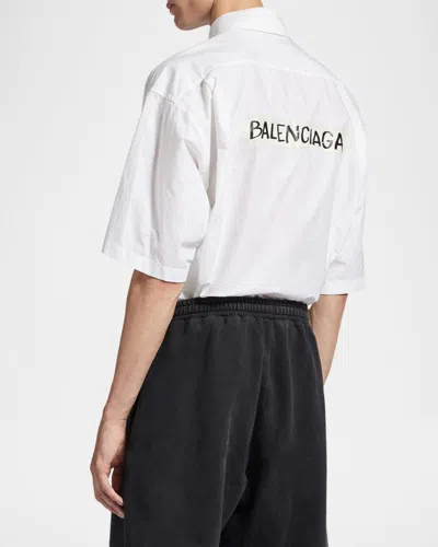 Balenciaga Short Sleeve Silk Blend Button Down Shirt In Bianco