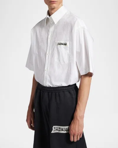Balenciaga Short Sleeve Silk Blend Button Down Shirt In Bianco
