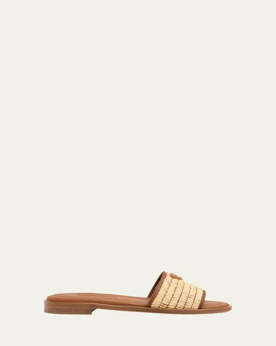 Prada Triangle Logo Raffia Flat Slide Sandals In Metallic