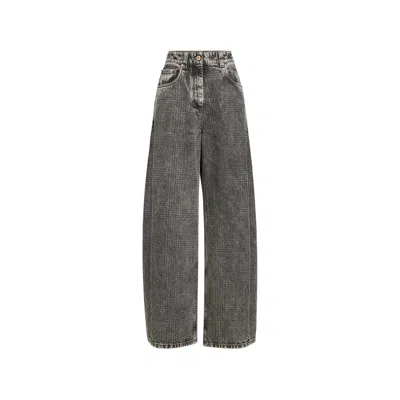 Brunello Cucinelli Prince Of Wales Denim Wide Trousers With Monili In Grey