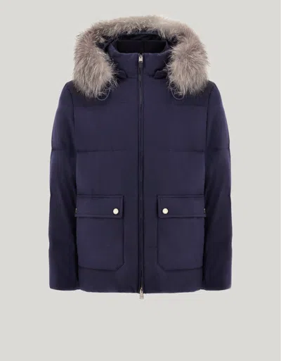 Canali Blue Cashmere Puffer Jacket With Membrane And Removable Hood With Fox Fur In Blue