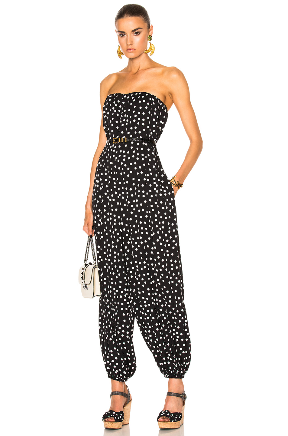 strapless polka dot jumpsuit