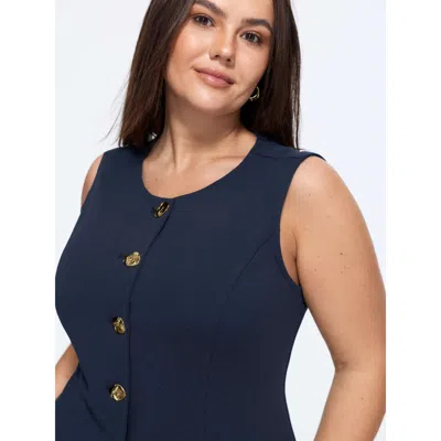 Bloomchic Button-front Fitted Plain Blazer Vest In Indigo