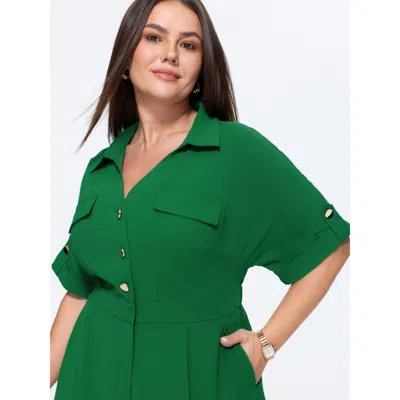 Bloomchic Button Placket Pockets Wide-leg Jumpsuit In Emerald