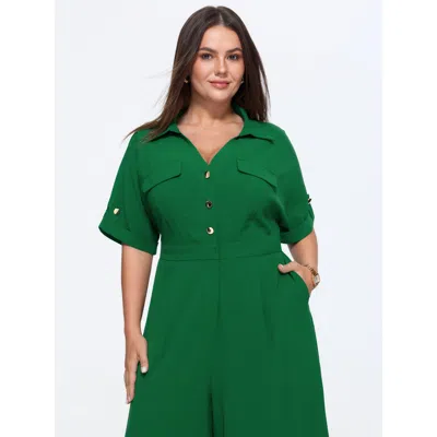 Bloomchic Button Placket Pockets Wide-leg Jumpsuit In Emerald