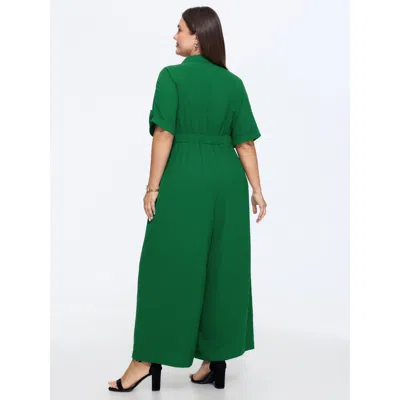 Bloomchic Button Placket Pockets Wide-leg Jumpsuit In Emerald