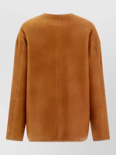 Giovi Shearling Jacket Reversible Round Neck Trim In Orange