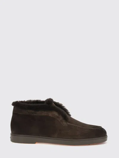 Santoni Suede Fur Trim Ankle Height Loafers In Brown