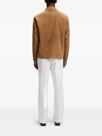 Hugo Boss Tan Button-up Suede Checkered Lining Leather Jacket In Brown